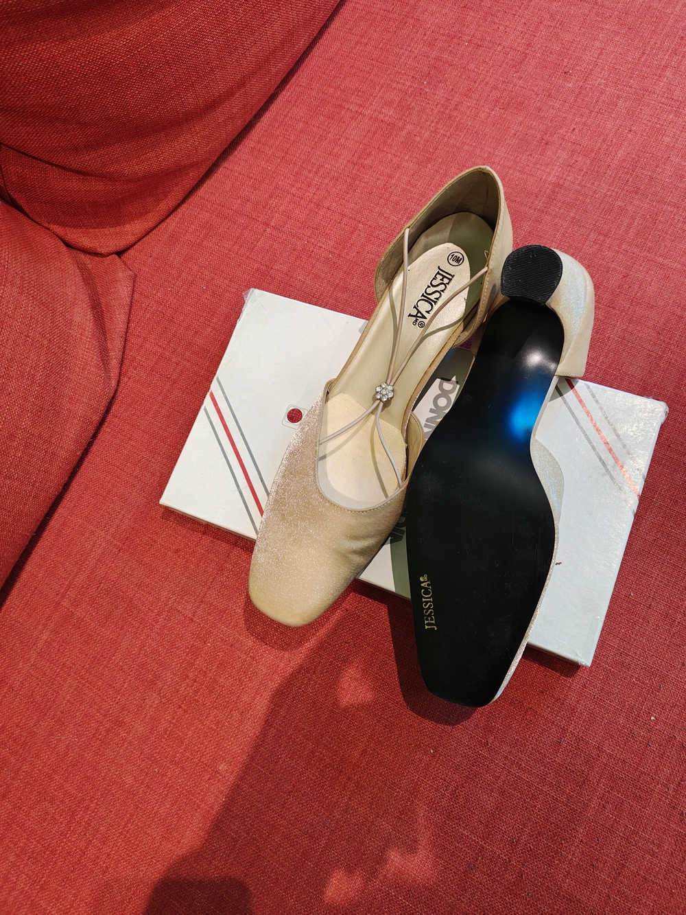 Jessica Champagne Satin T-Strap Flats with Rhinestone Accent